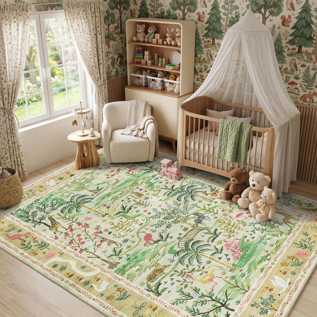 Washable Area Rug 5x7 Green Animal Print Rugs for Nursery Non Slip Stain Resistant Forest Fairy Tale Throw Carpet Low Pile Whimsical Safari Area Rugs for Entryway Girls Bedroom Dining Room, Green