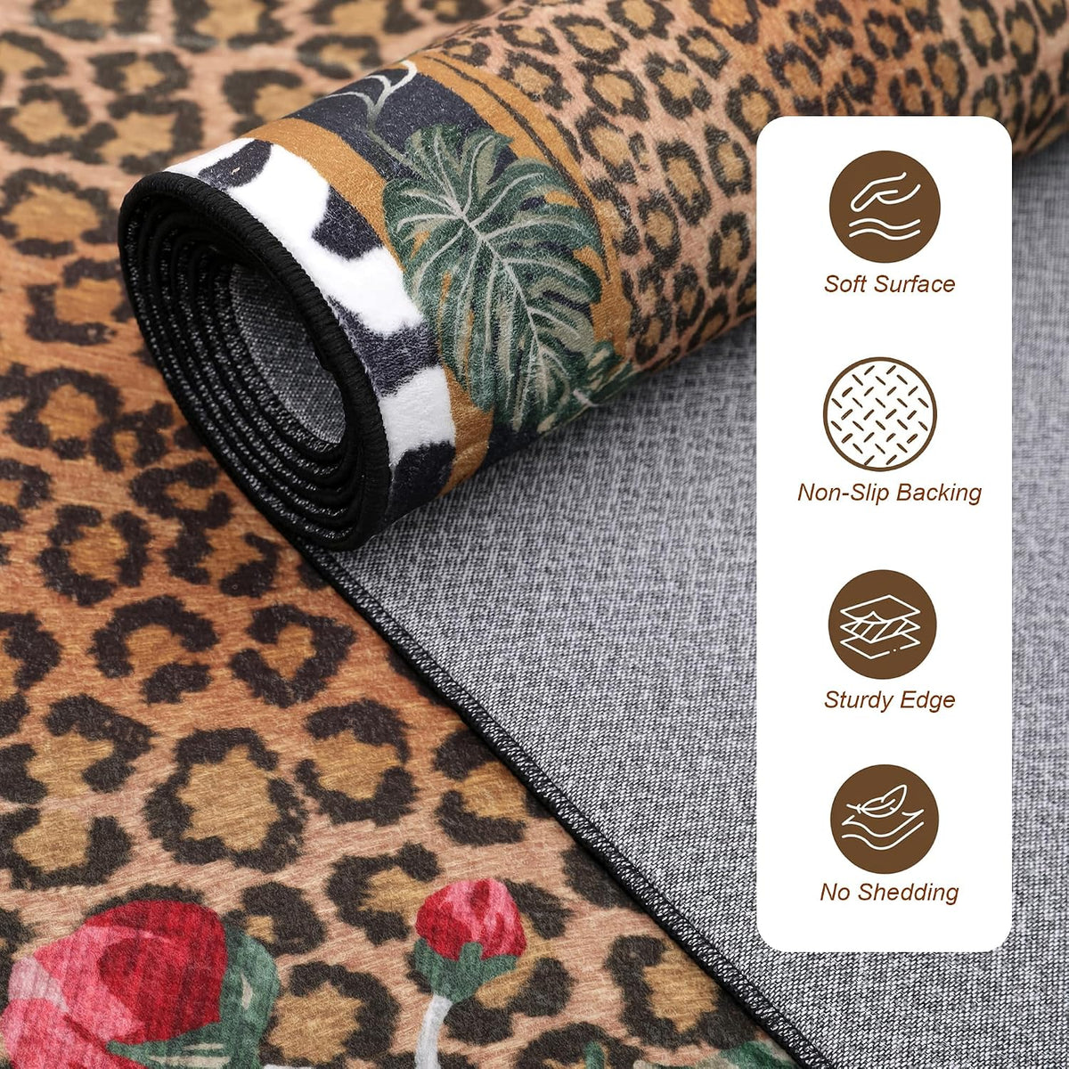 Leopard Area Rugs for Living Room 5×7, Washable Cheetah Rug with Zebra-Striped Border, Non-Slip Low Pile Animal Print Carpet for Bedroom, Dining Room, Playroom, Home Decor