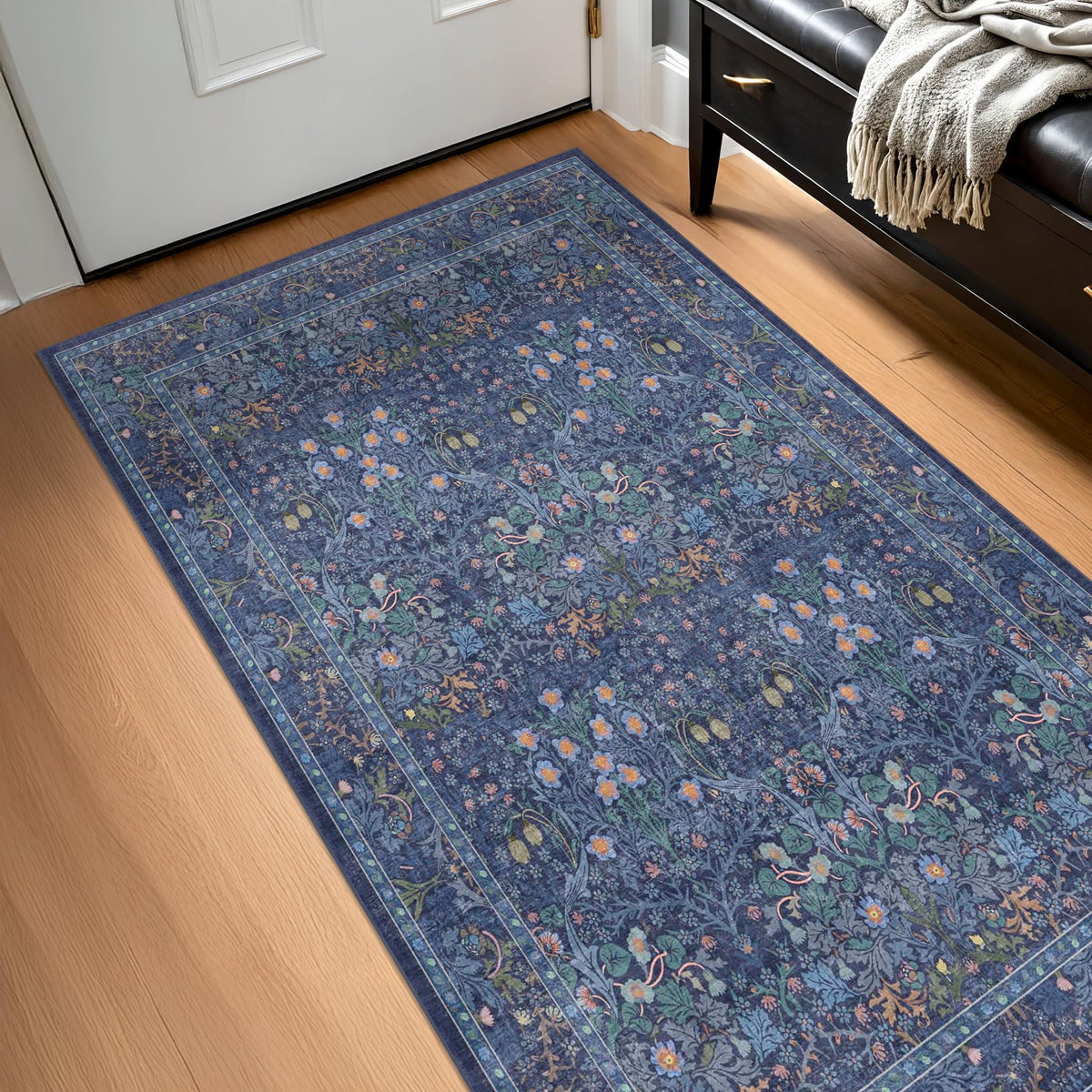 Floral Dark Green Washable Area Rugs 8x10, Vintage Living Room Rug