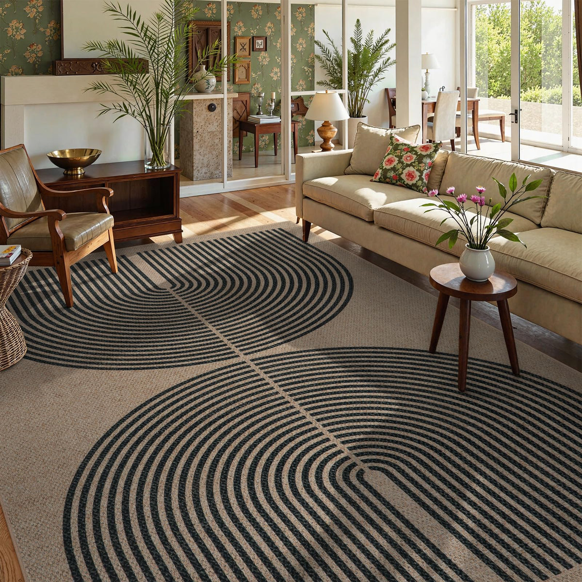 Lahome Modern Rainbow Easy Jute Carpet, Washable 5x7 Area Rugs for Living Room Patio Black Farmhouse Indoor Outdoor Rugs, Contemporary Natural Non Slip Floor Carpet for Office RV Backyard