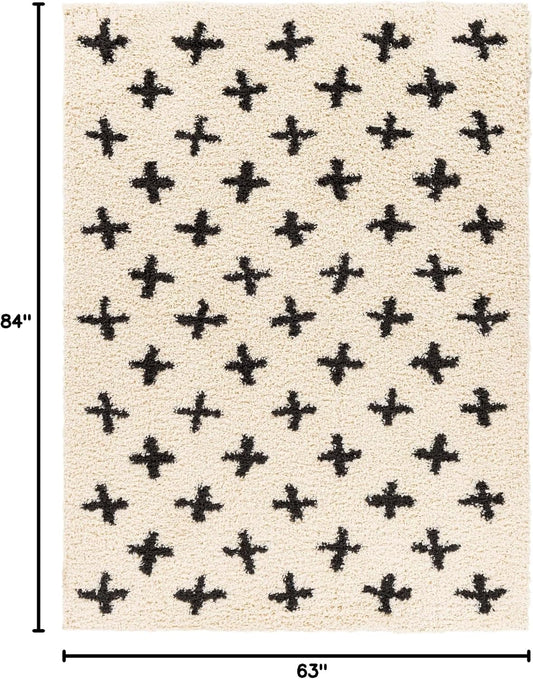 Livabliss Area Rugs - 5x7 Soft Mora Moroccan Boho Black Cream Shag Rug for Living Room Bedroom - Geometric Plush Pile Stain Resistant Bohemian Carpet for Dining Room, Nursery and Office (5'3" x 7')