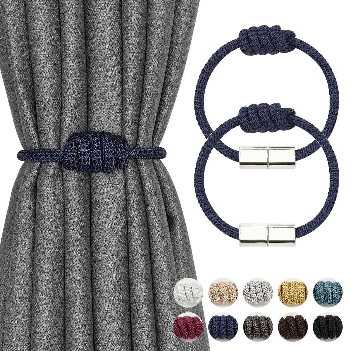 NICEEC 2 Pack Mini Magnetic Curtain Tiebacks Modern Simple Style Drape Tie Backs Elegant Hand Weave Rope Knot Decorative Curtain Holdbacks for Home & Office Window Drapery (Dark Grey)