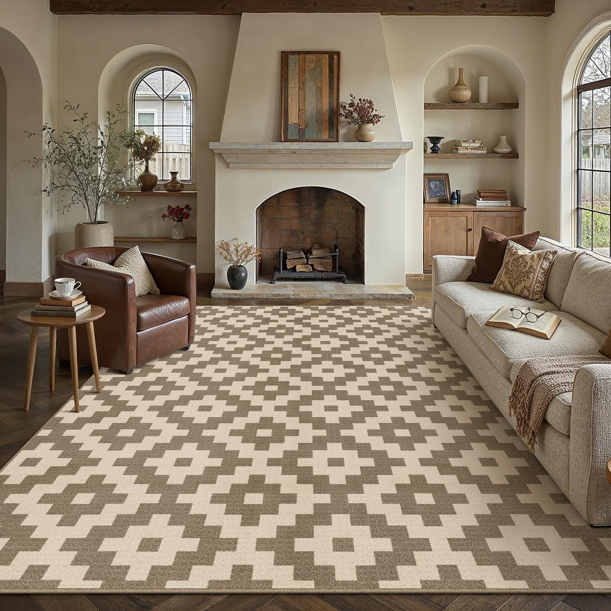 PureCozy 8x10 Washable Area Rug Living Room Beige Non Slip Checkered Carpet