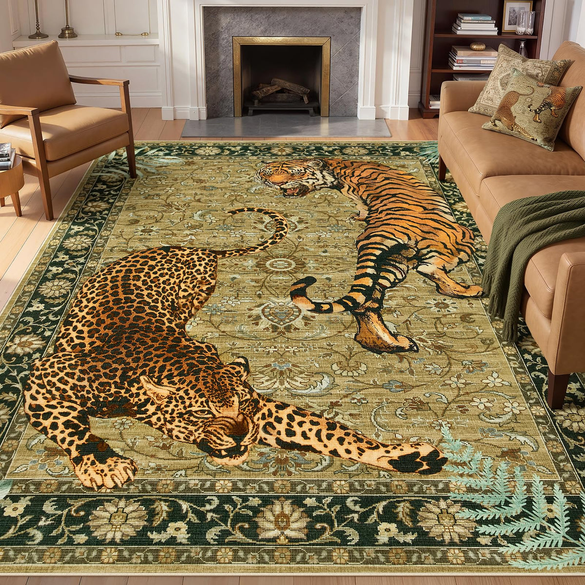 Joydeco Tiger Cheetah Animal Print 5x7 Washable Living Room Bedroom Rug