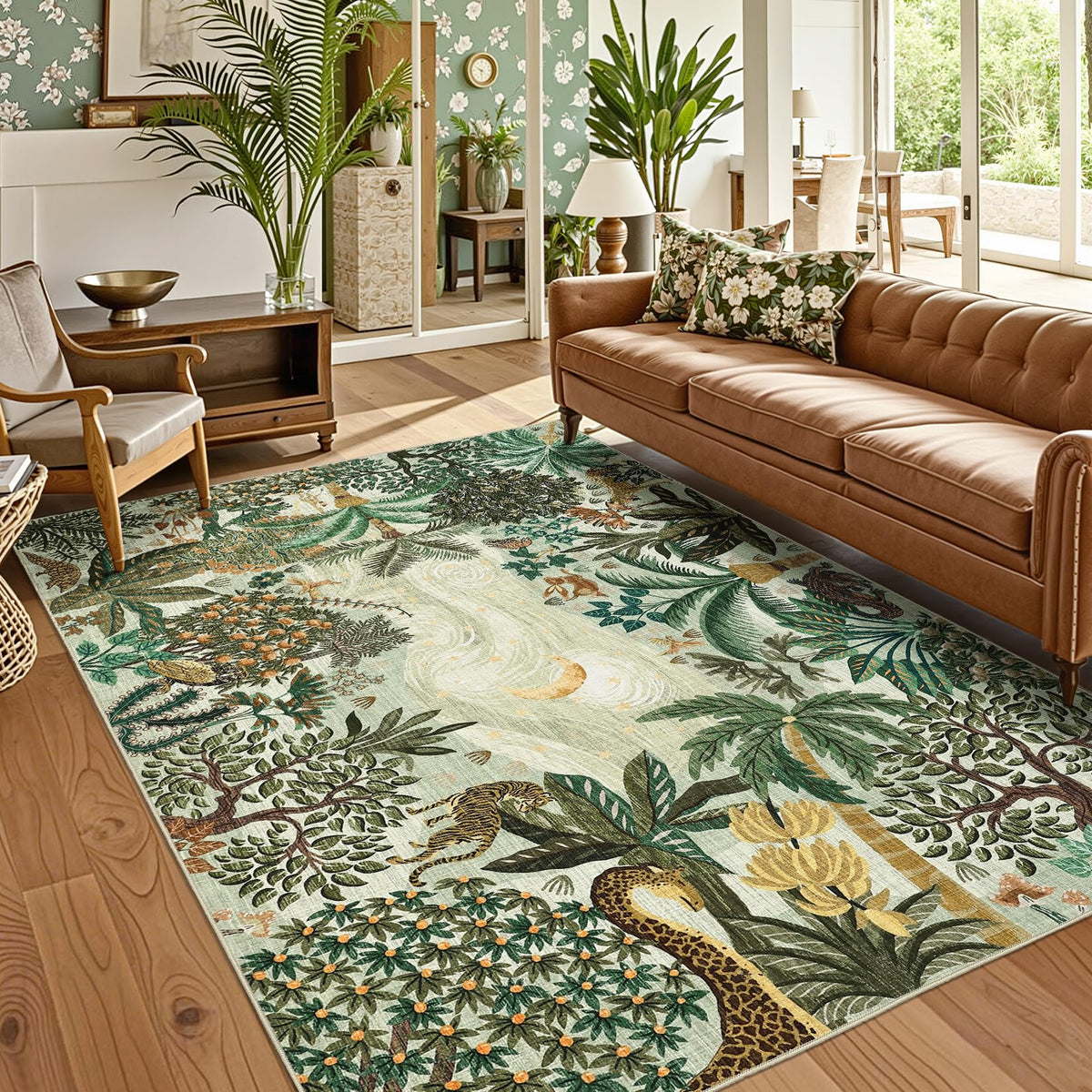 GarveeHome 5x7 Jungle Area Rug Washable Rugs for Living Room Bedroom, Soft Low Pile Non Slip Accent Floor Mat Animal Print Throw Rug Indoor Carpet Dining Room Playroom