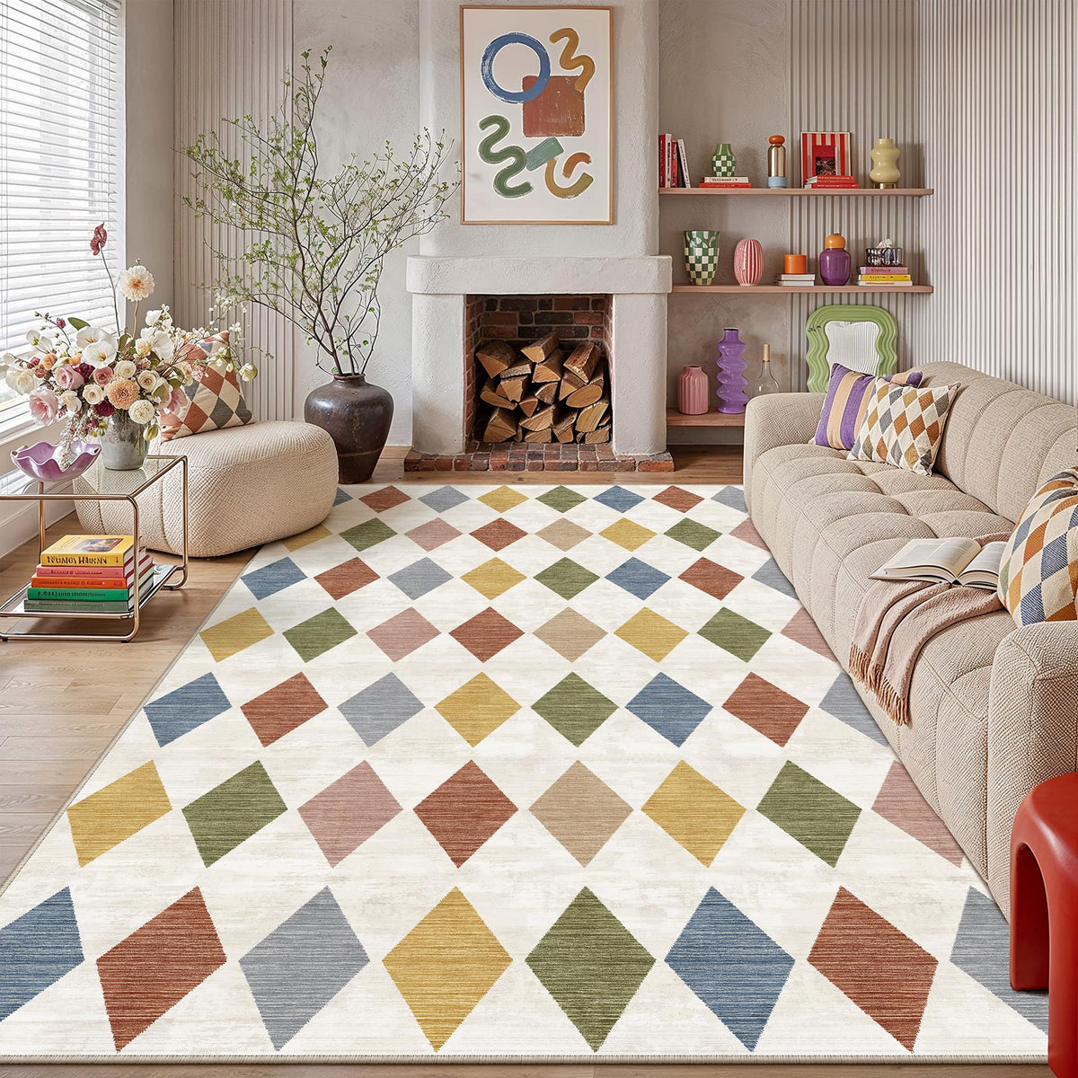 PureCozy 8x10 Washable Area Rug Living Room Beige Non Slip Checkered Carpet