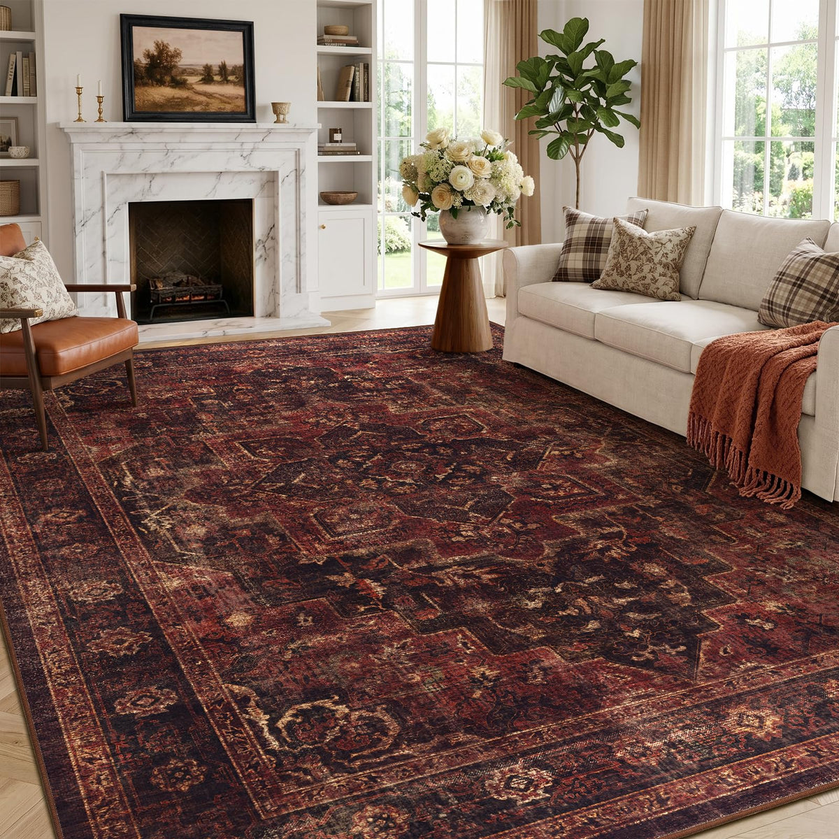 Vintage Distressed 5x7 Area Rugs for Living Room Bedroom Non Slip Washable, Medallion Pattern Printed Low Pile Thin Carpet Rugs for Dining Room/Kitchen/Home Office, Multi Brown Olive Accents