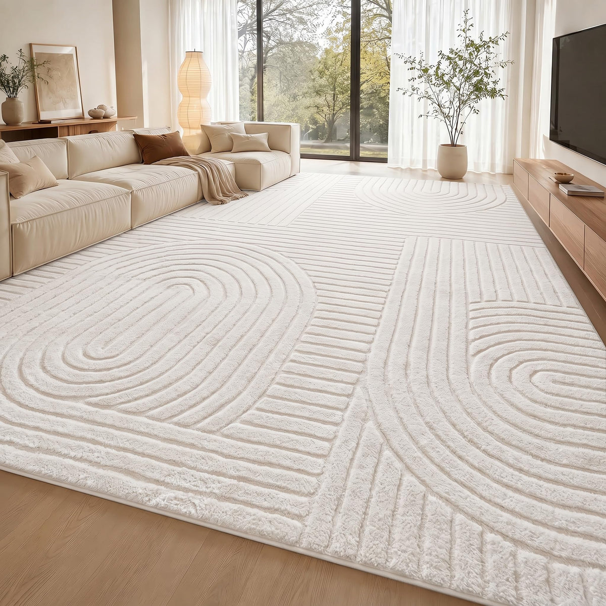 5x7 Solid Beige Area Rugs for Living Room, Geometric Washable Rug