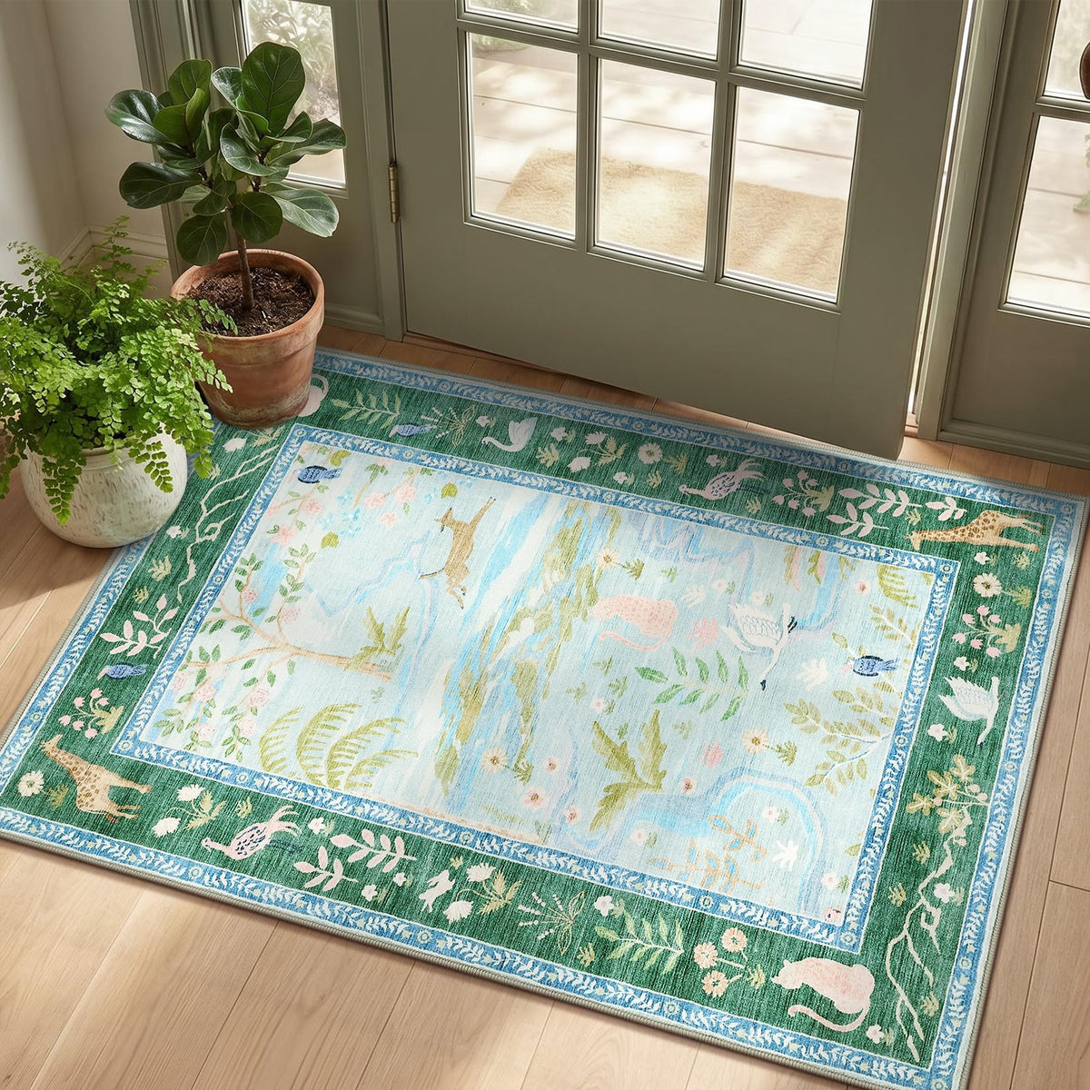 Washable Area Rug 5x7 Green Animal Print Rugs for Nursery Non Slip Stain Resistant Forest Fairy Tale Throw Carpet Low Pile Whimsical Safari Area Rugs for Entryway Girls Bedroom Dining Room, Green
