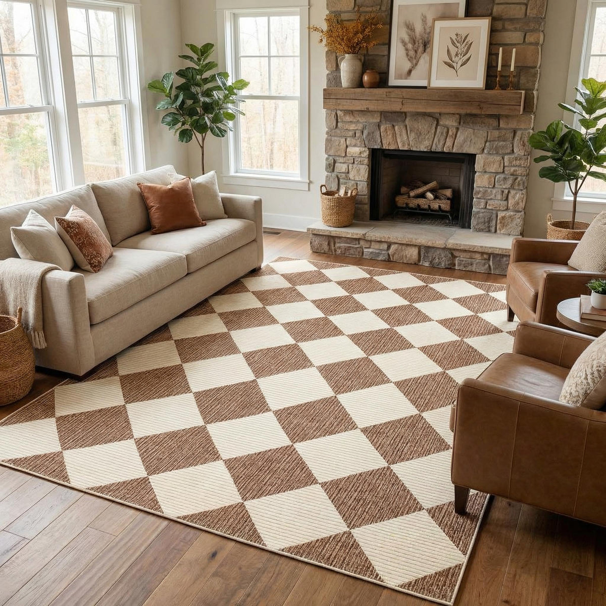 GarveeHome 5x7 Checkered Area Rug Black and Brown Washable Living Room Rug