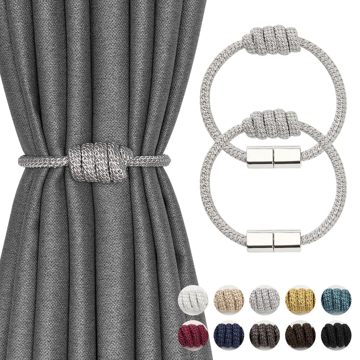 NICEEC 2 Pack Mini Magnetic Curtain Tiebacks Modern Simple Style Drape Tie Backs Elegant Hand Weave Rope Knot Decorative Curtain Holdbacks for Home & Office Window Drapery (Dark Grey)