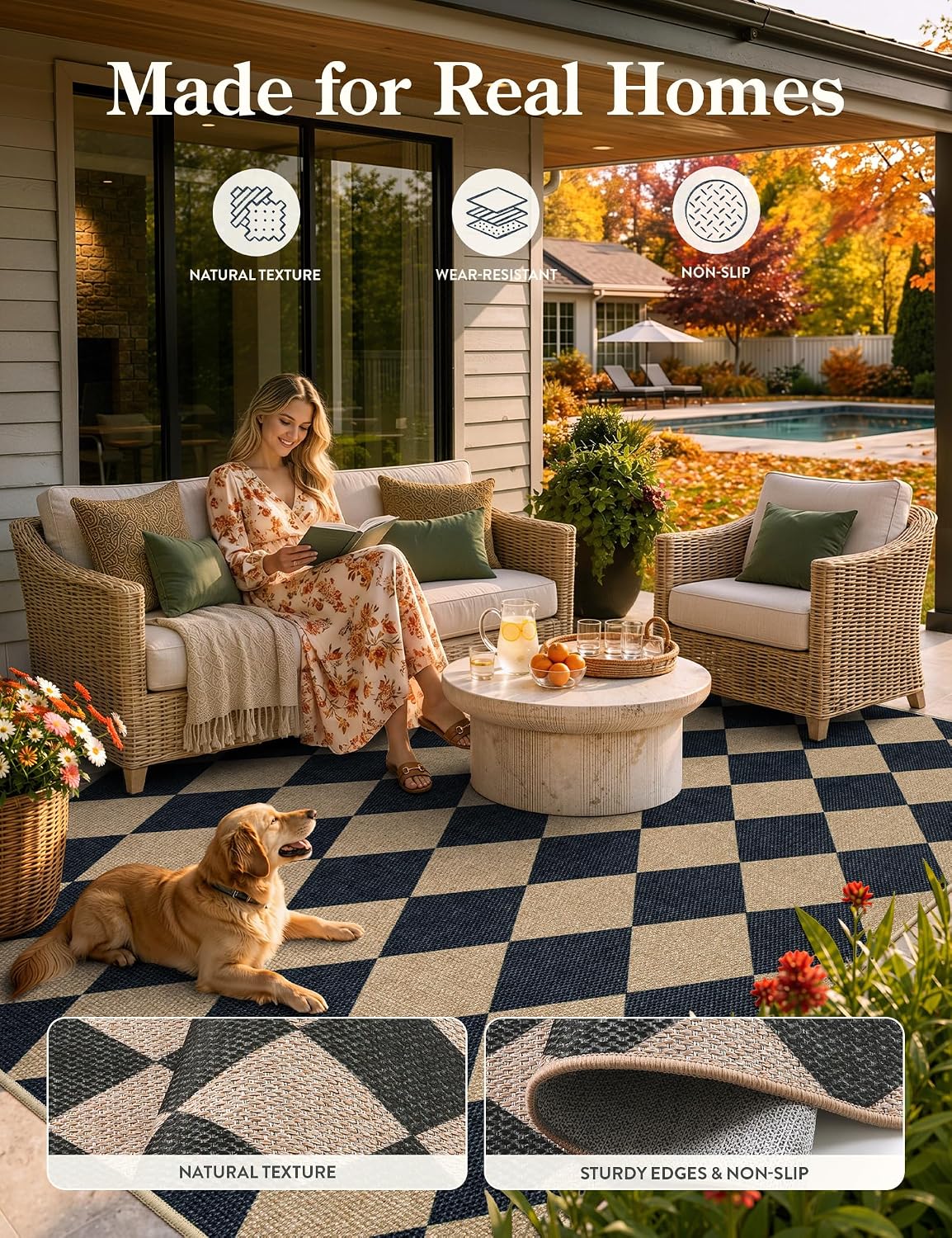 Lahome Checkered Easy Jute 5x7 Area Rugs, Washable Outdoor Patio Rug for Living Room Diamond Indoor Outdoor Carpet, Farmhouse Geometric Non Slip Black Carpet for Backyard Dining Room