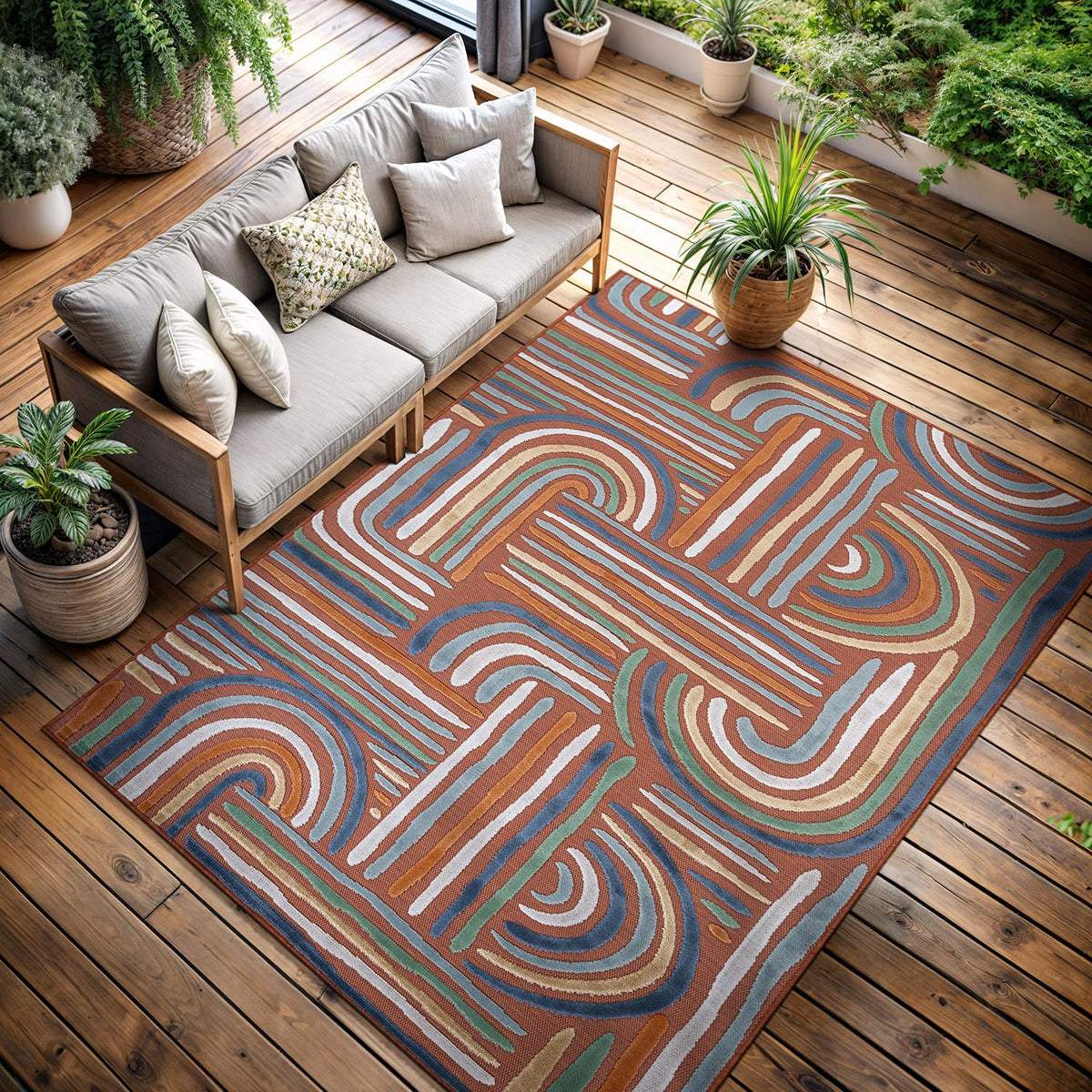 CAMILSON Indoor Outdoor Rug, Multicolor 6x9 Geometric Arch Striped Area Rugs for Patio and Home Areas, Easy-Cleaning Non-Shedding Living Room, Garden and Deck Washable Outside Carpet (6 x 9)