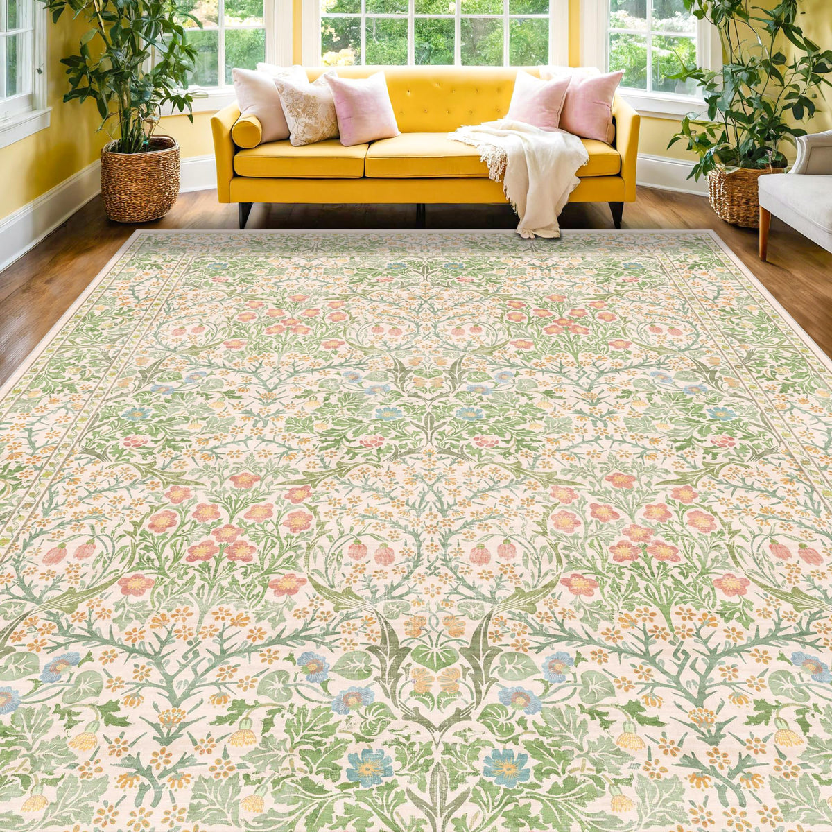 Floral Dark Green Washable Area Rugs 8x10, Vintage Living Room Rug