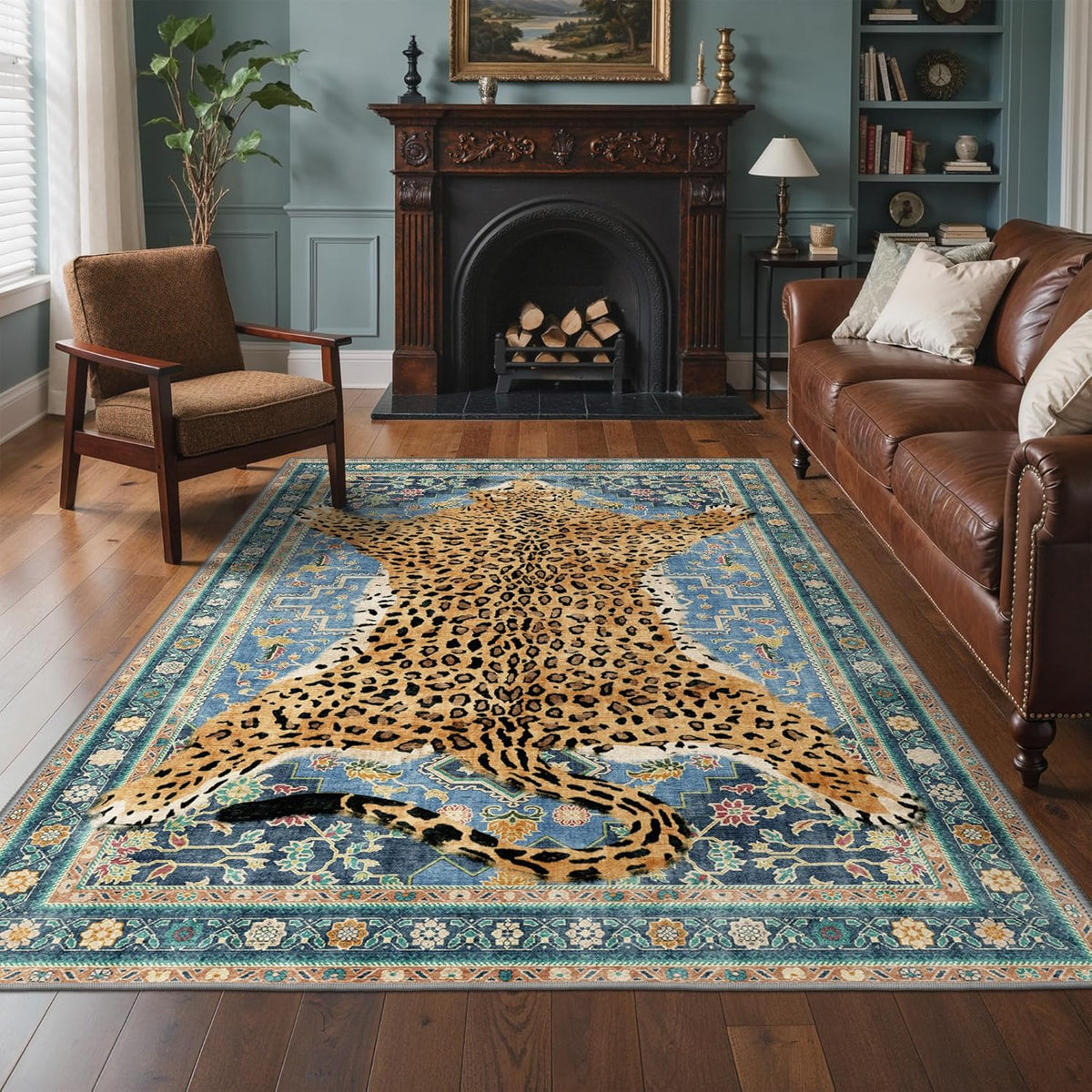 Bavni Leopard Rug 5x7 Cheetah Animal Print Rug Washable Jungle Rugs Blue