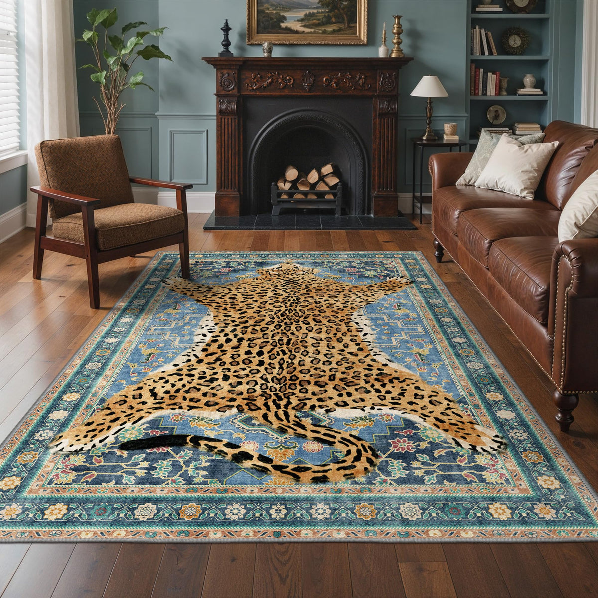 Bavni Leopard Rug 5x7 Cheetah Animal Print Rug Washable Jungle Rugs Blue