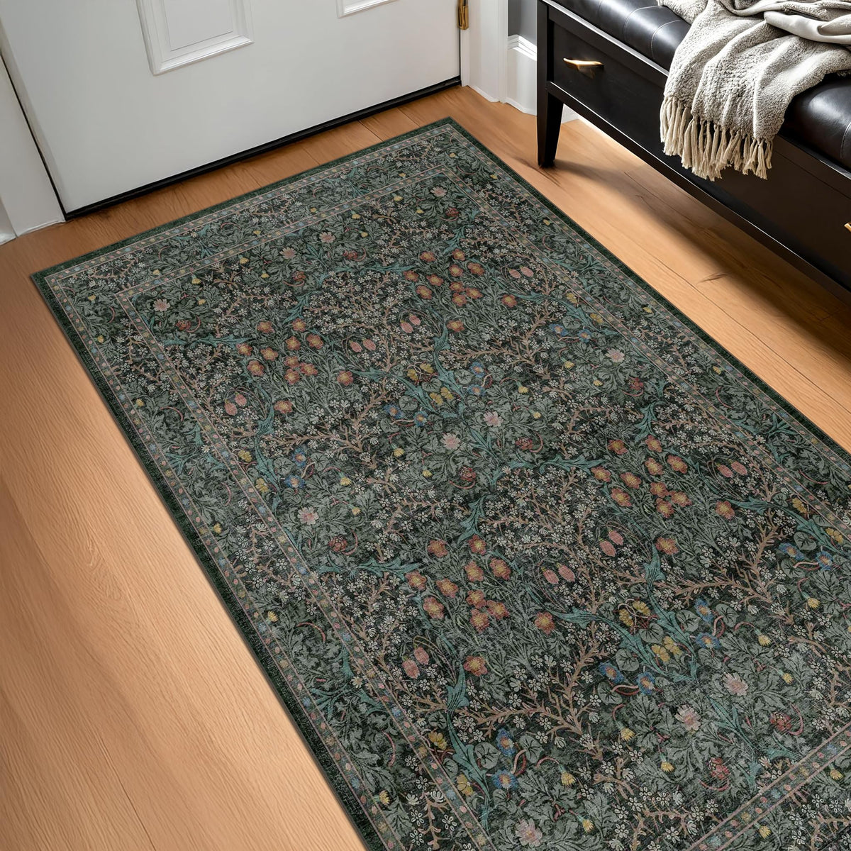 Floral Dark Green Washable Area Rugs 8x10, Vintage Living Room Rug