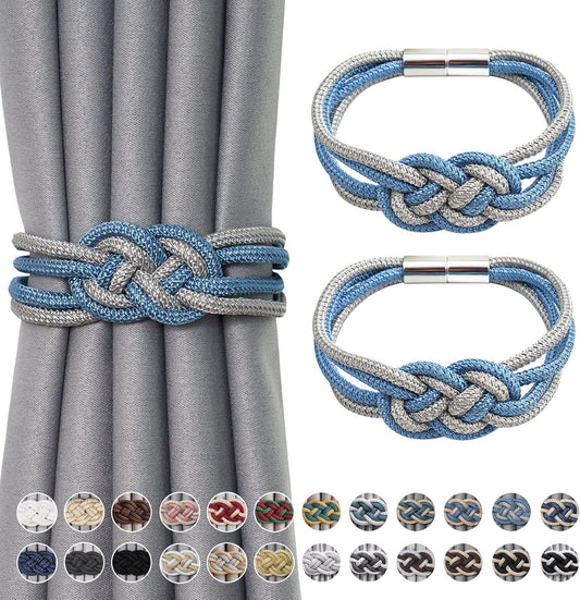 NICEEC 2 Pack Strong Magnetic Curtain Tiebacks Upgrade Nordic Simple Style Drape Tie Backs Double Color Weave Rope Knot Decorative Curtain Holdbacks for Home & Office Window Drapery (Blue & Grey)