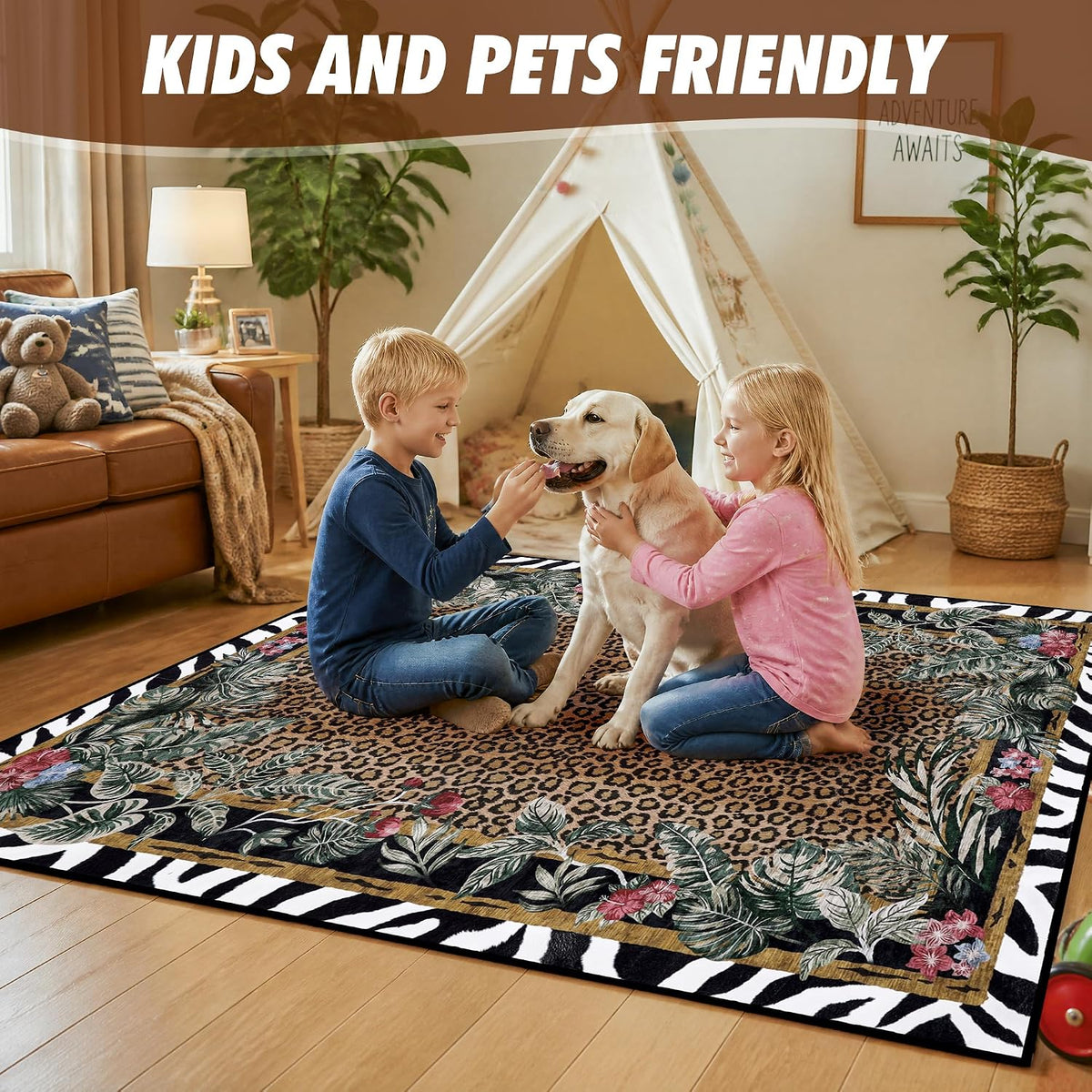 Leopard Area Rugs for Living Room 5×7, Washable Cheetah Rug with Zebra-Striped Border, Non-Slip Low Pile Animal Print Carpet for Bedroom, Dining Room, Playroom, Home Decor