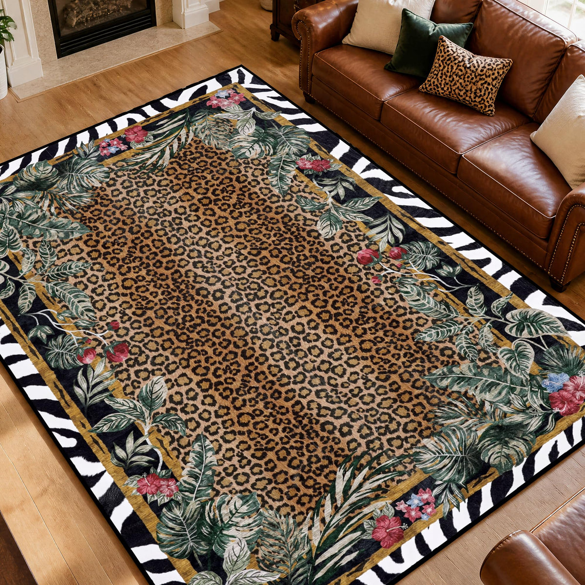Leopard Area Rugs for Living Room 5×7, Washable Cheetah Rug with Zebra-Striped Border, Non-Slip Low Pile Animal Print Carpet for Bedroom, Dining Room, Playroom, Home Decor
