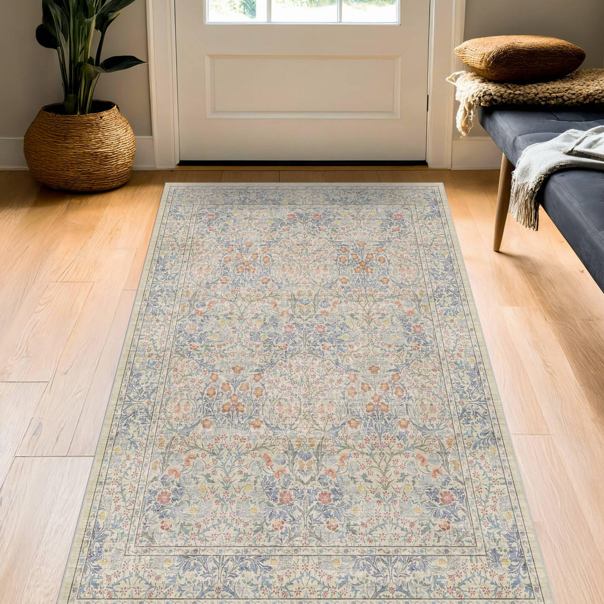 Floral Dark Green Washable Area Rugs 8x10, Vintage Living Room Rug