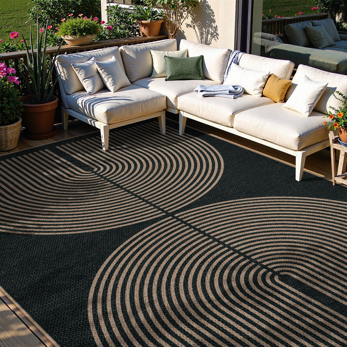 Lahome Modern Rainbow Easy Jute Carpet, Washable 5x7 Area Rugs for Living Room Patio Black Farmhouse Indoor Outdoor Rugs, Contemporary Natural Non Slip Floor Carpet for Office RV Backyard