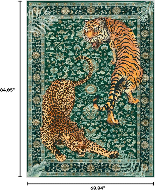 Joydeco Tiger Cheetah Animal Print 5x7 Washable Rug for Living Room Bedroom