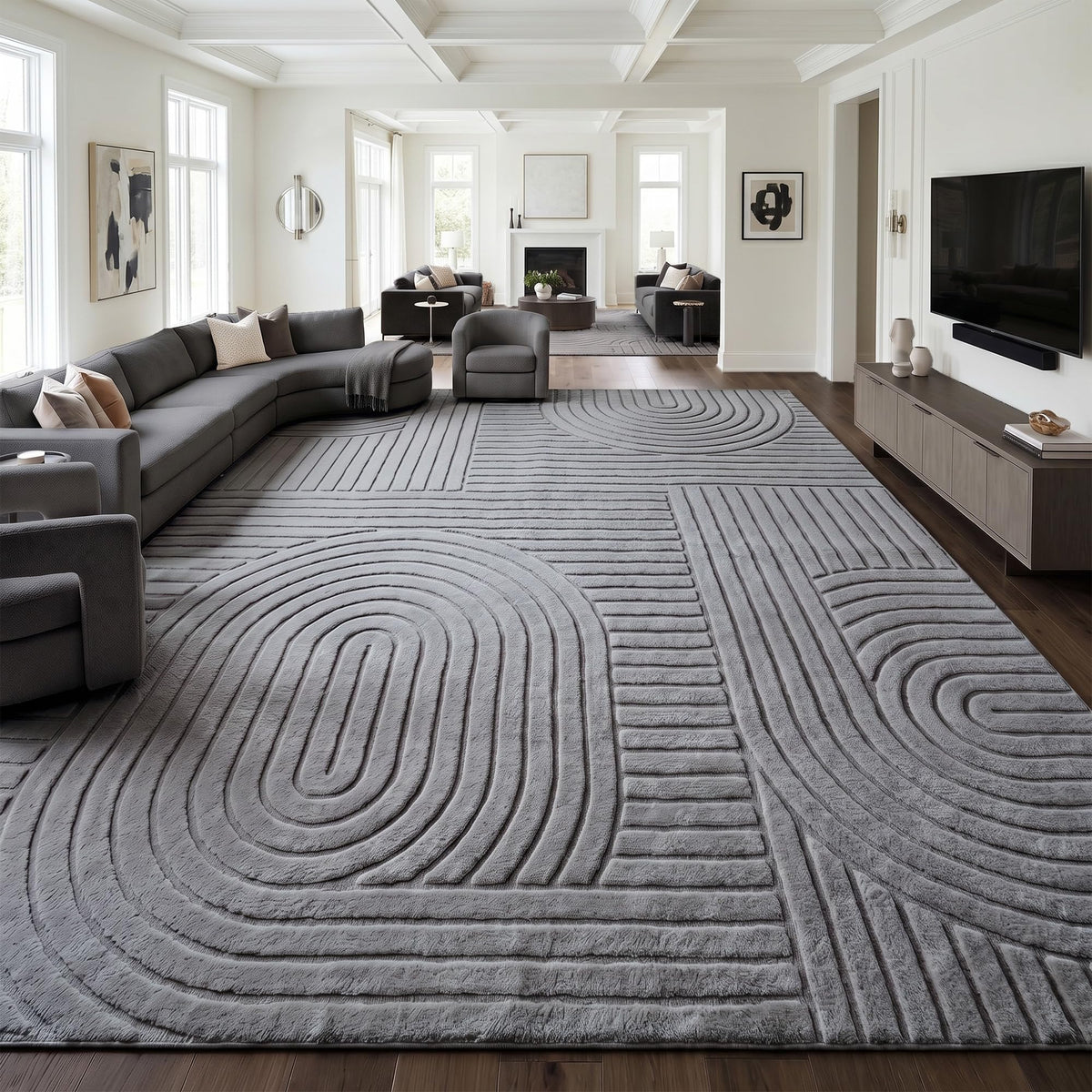 5x7 Solid Beige Area Rugs for Living Room, Geometric Washable Rug