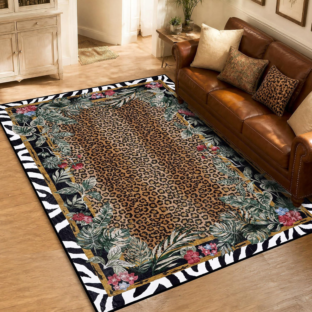 Leopard Area Rugs for Living Room 5×7, Washable Cheetah Rug with Zebra-Striped Border, Non-Slip Low Pile Animal Print Carpet for Bedroom, Dining Room, Playroom, Home Decor