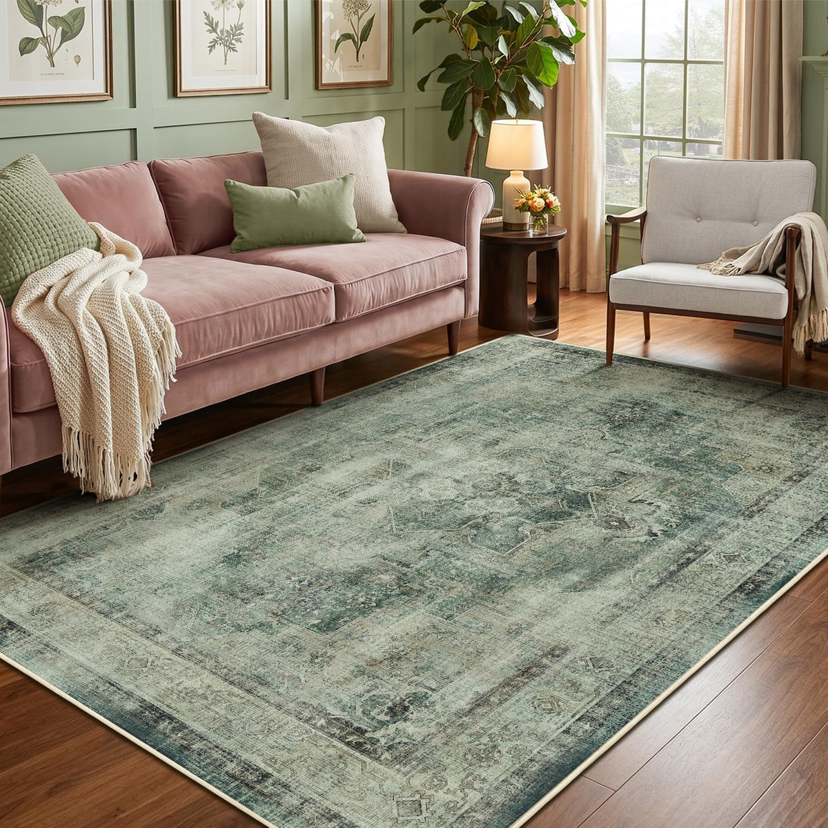 Vintage Distressed 5x7 Area Rugs for Living Room Bedroom Non Slip Washable, Medallion Pattern Printed Low Pile Thin Carpet Rugs for Dining Room/Kitchen/Home Office, Multi Brown Olive Accents
