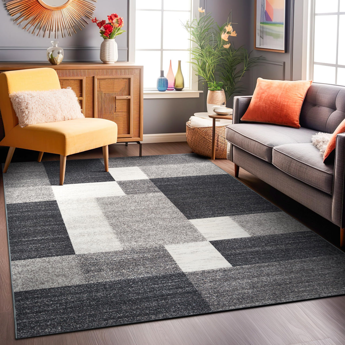 Rugshop Geometric Boxes Non-Slip Modern Area Rug Red 5'3" x 7'3"