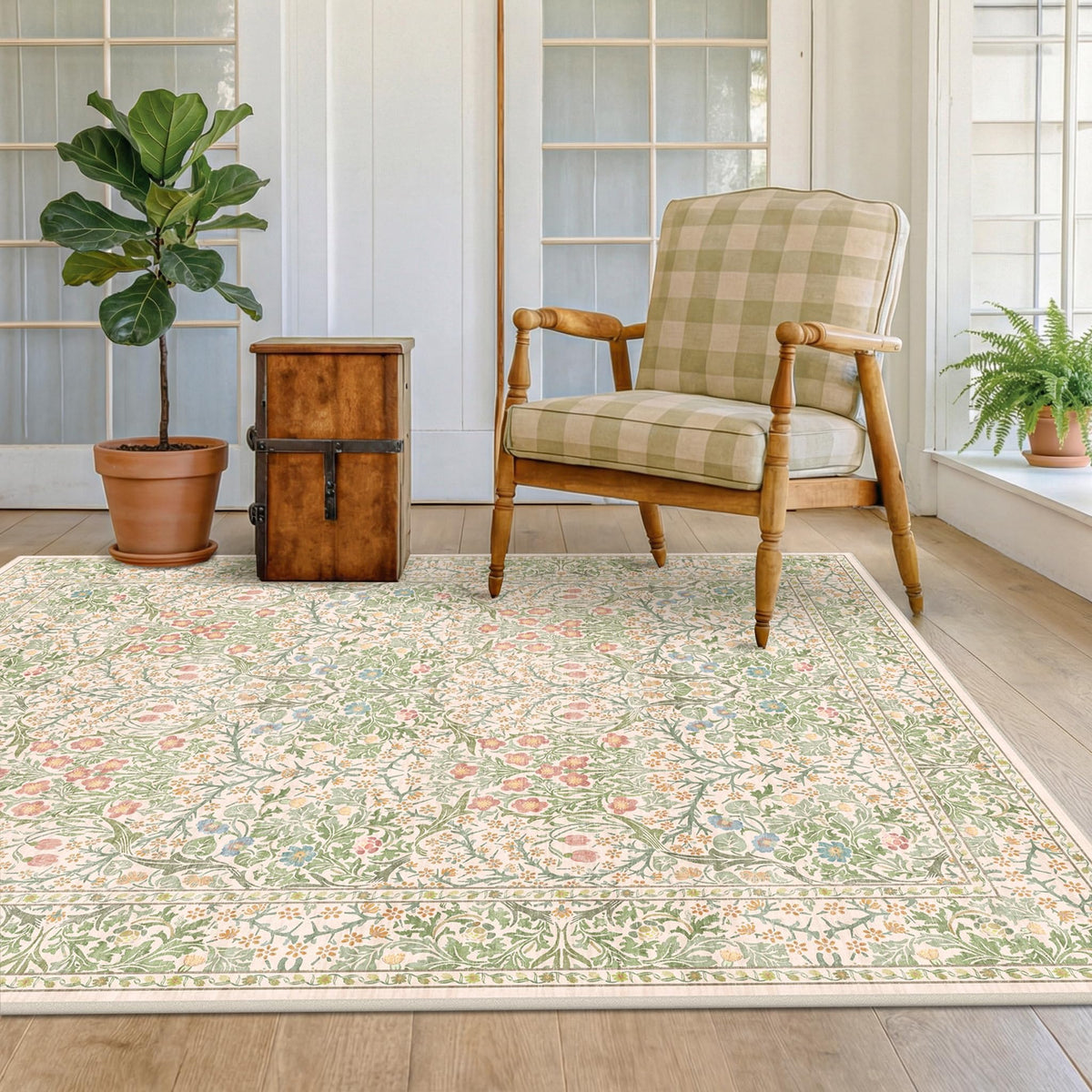 Floral Dark Green Washable Area Rugs 8x10, Vintage Living Room Rug