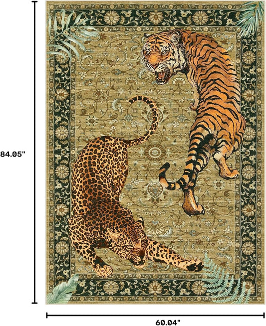 Joydeco Tiger Cheetah Animal Print 5x7 Washable Living Room Bedroom Rug