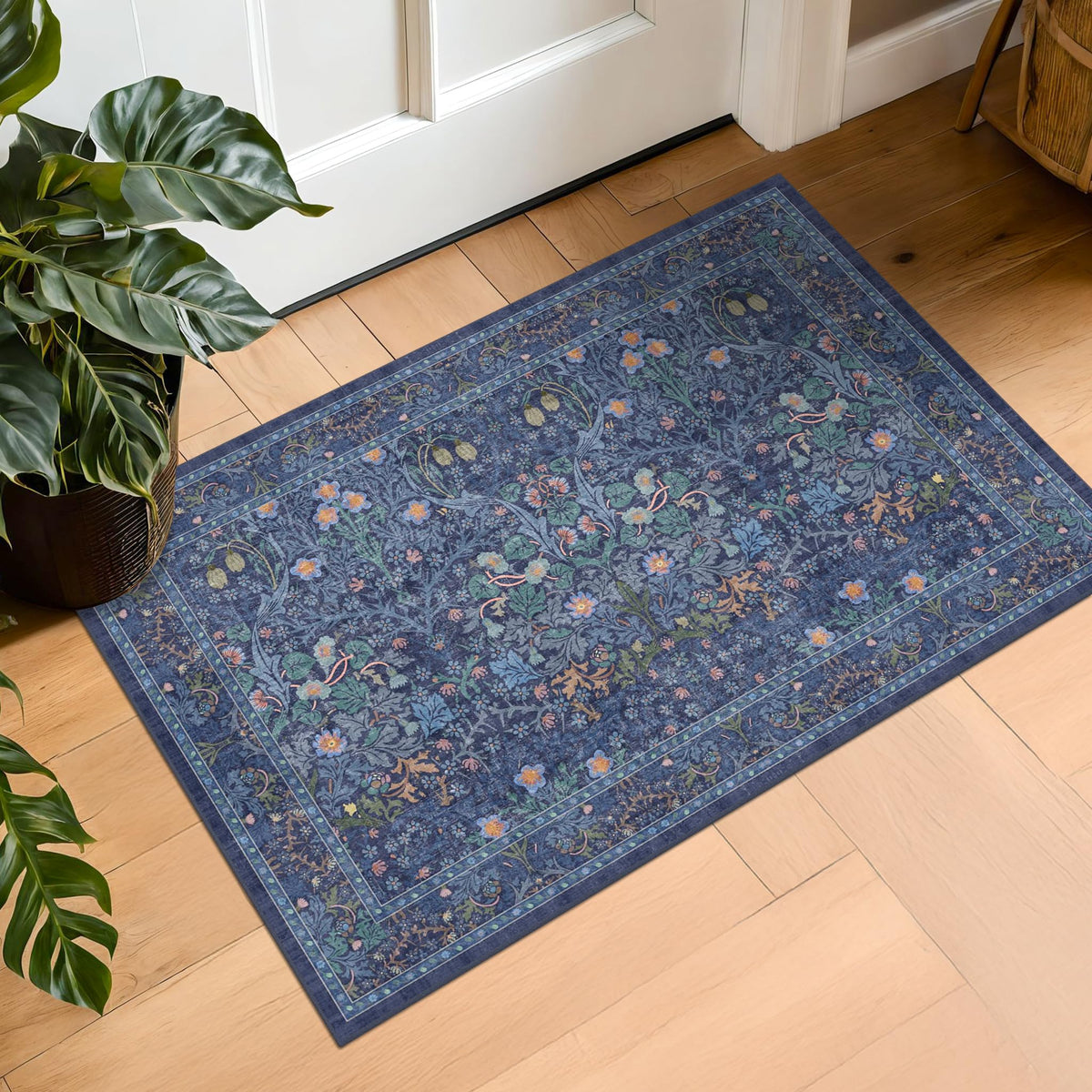 Floral Dark Green Washable Area Rugs 8x10, Vintage Living Room Rug