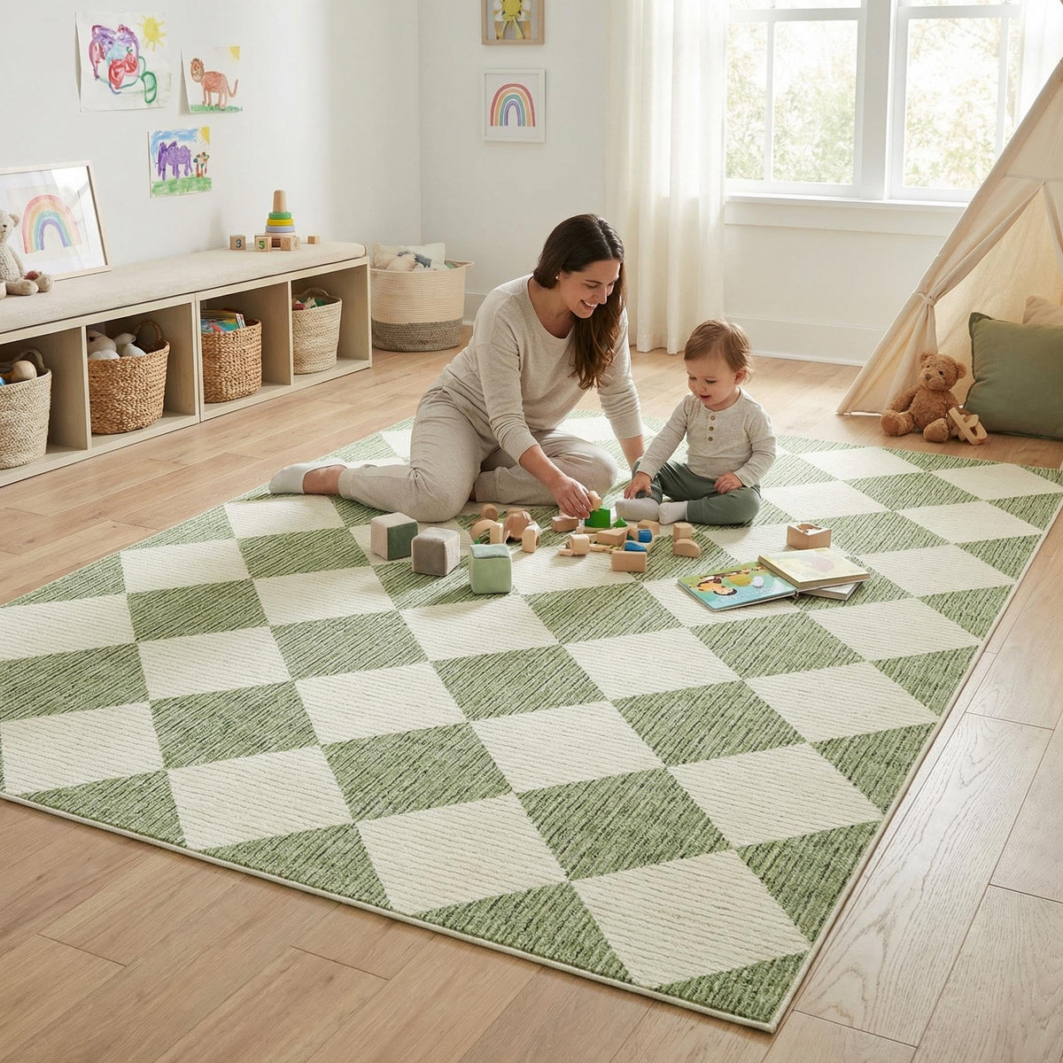 GarveeHome 5x7 Checkered Area Rug Black and Brown Washable Living Room Rug