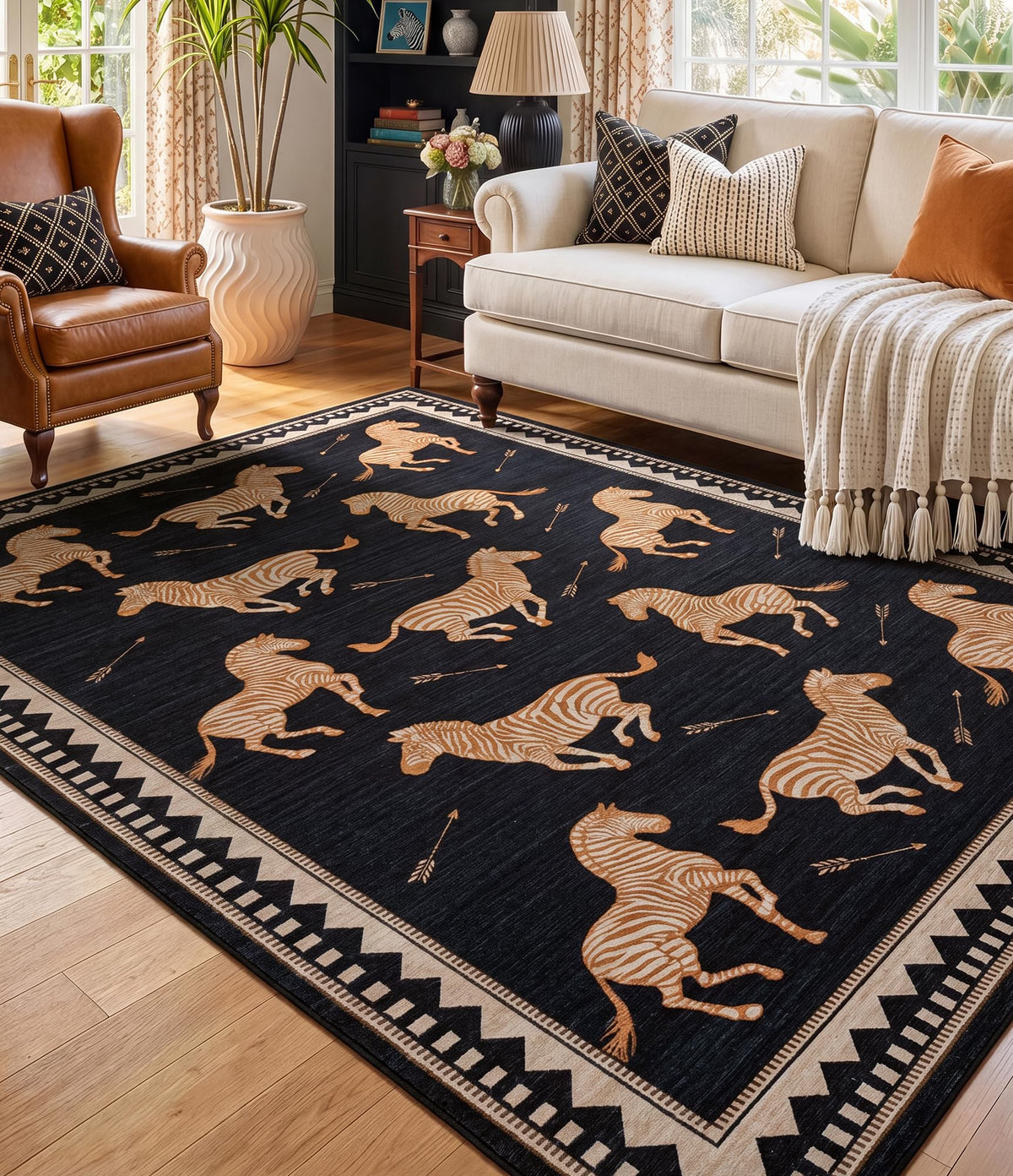 YIHOUSE Red Zebra Area Rugs 5×7, Washable Animal Print Rug with Checkered Border, Non-Slip Low Pile Mid-Century Modern Carpet for Living Room, Bedroom, Dining Room, Home Decor