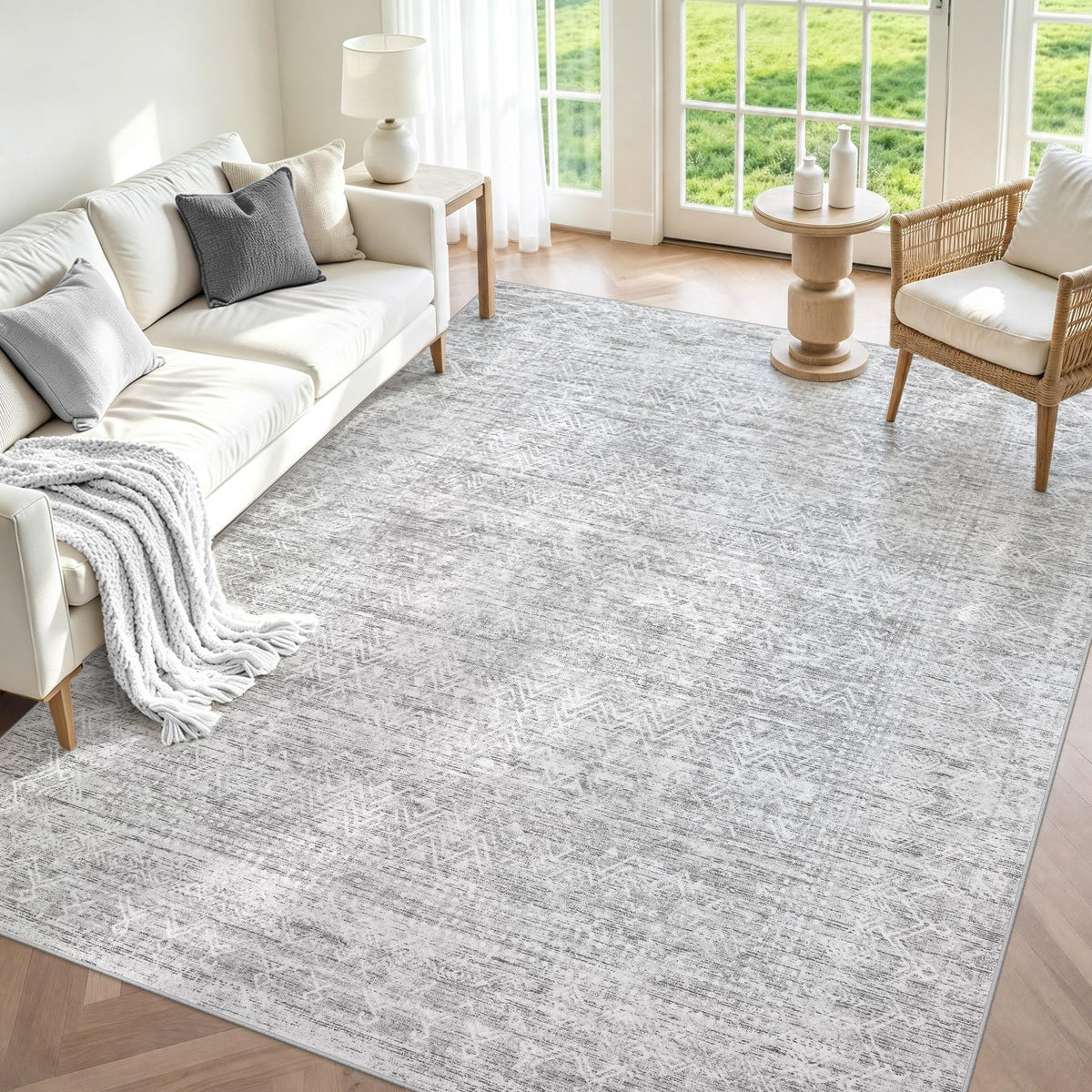 8x10 Area Rugs, Beige Washable Geometric Boho Rug for Living Room, Bedroom