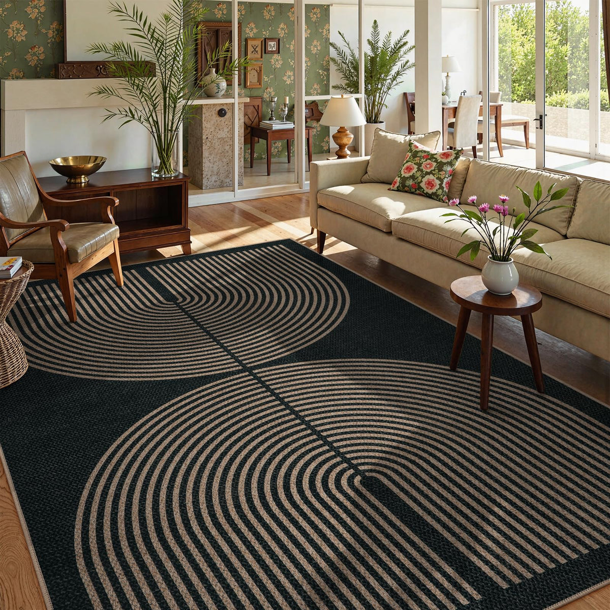 Lahome Modern Rainbow Easy Jute Carpet, Washable 5x7 Area Rugs for Living Room Patio Black Farmhouse Indoor Outdoor Rugs, Contemporary Natural Non Slip Floor Carpet for Office RV Backyard