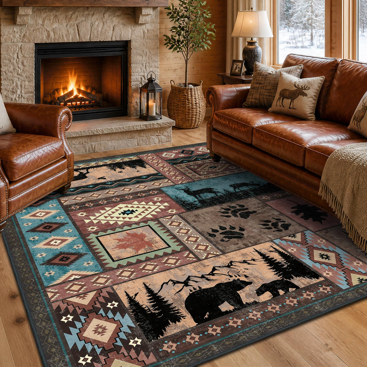 Leopard Area Rugs for Living Room 5×7, Washable Cheetah Rug with Zebra-Striped Border, Non-Slip Low Pile Animal Print Carpet for Bedroom, Dining Room, Playroom, Home Decor