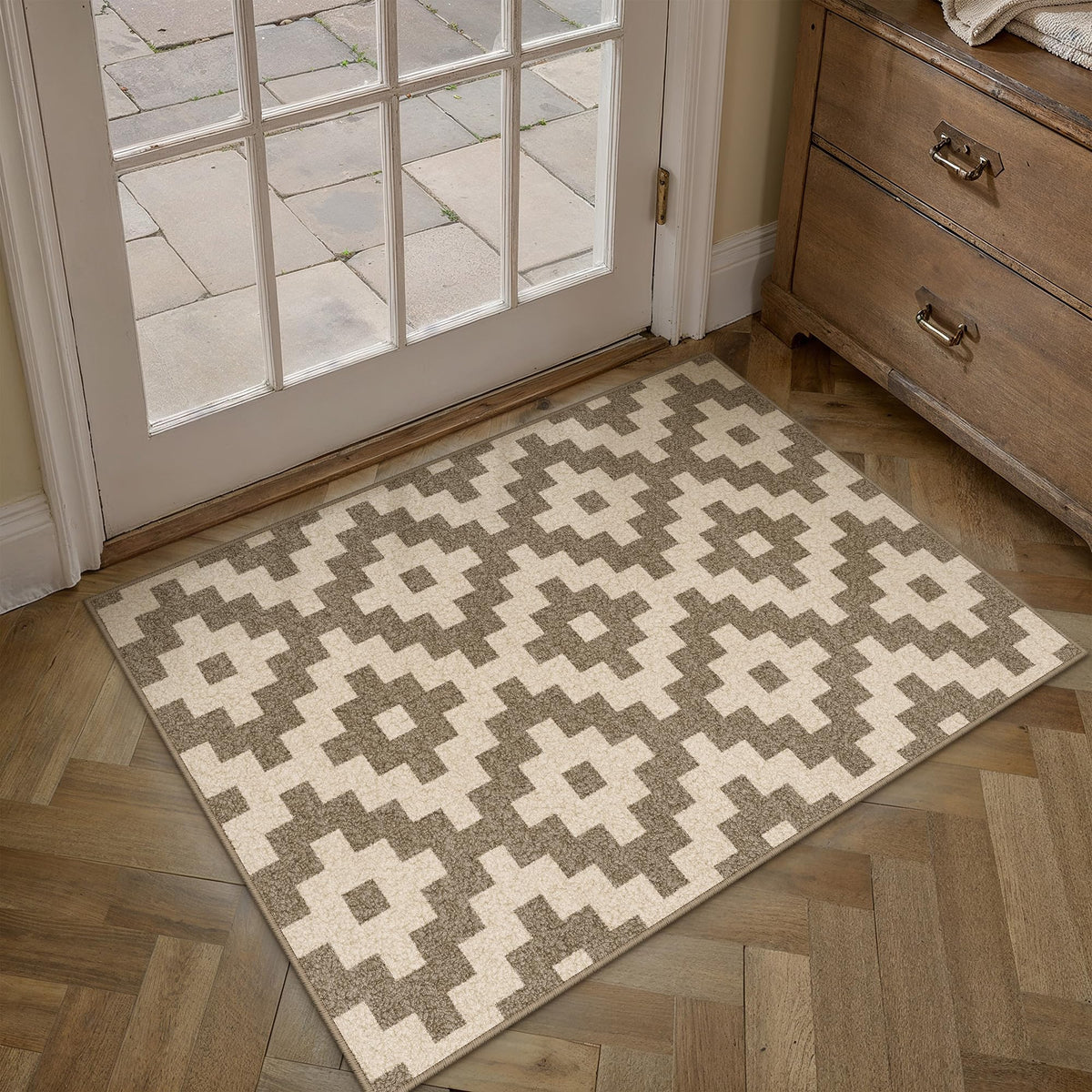 PureCozy 8x10 Washable Area Rug Living Room Beige Non Slip Checkered Carpet