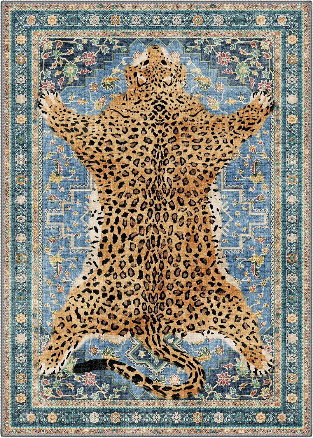 Bavni Leopard Rug 5x7 Cheetah Animal Print Rug Washable Jungle Rugs Blue