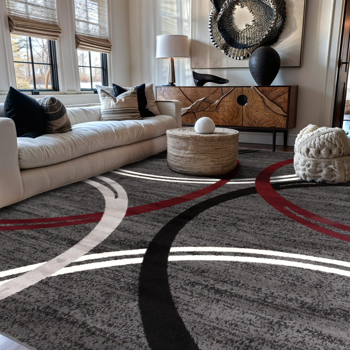 Rugshop Wavy Circles Fade-Resistant Living Room Area Rug Gray 5'3" x 7'3"