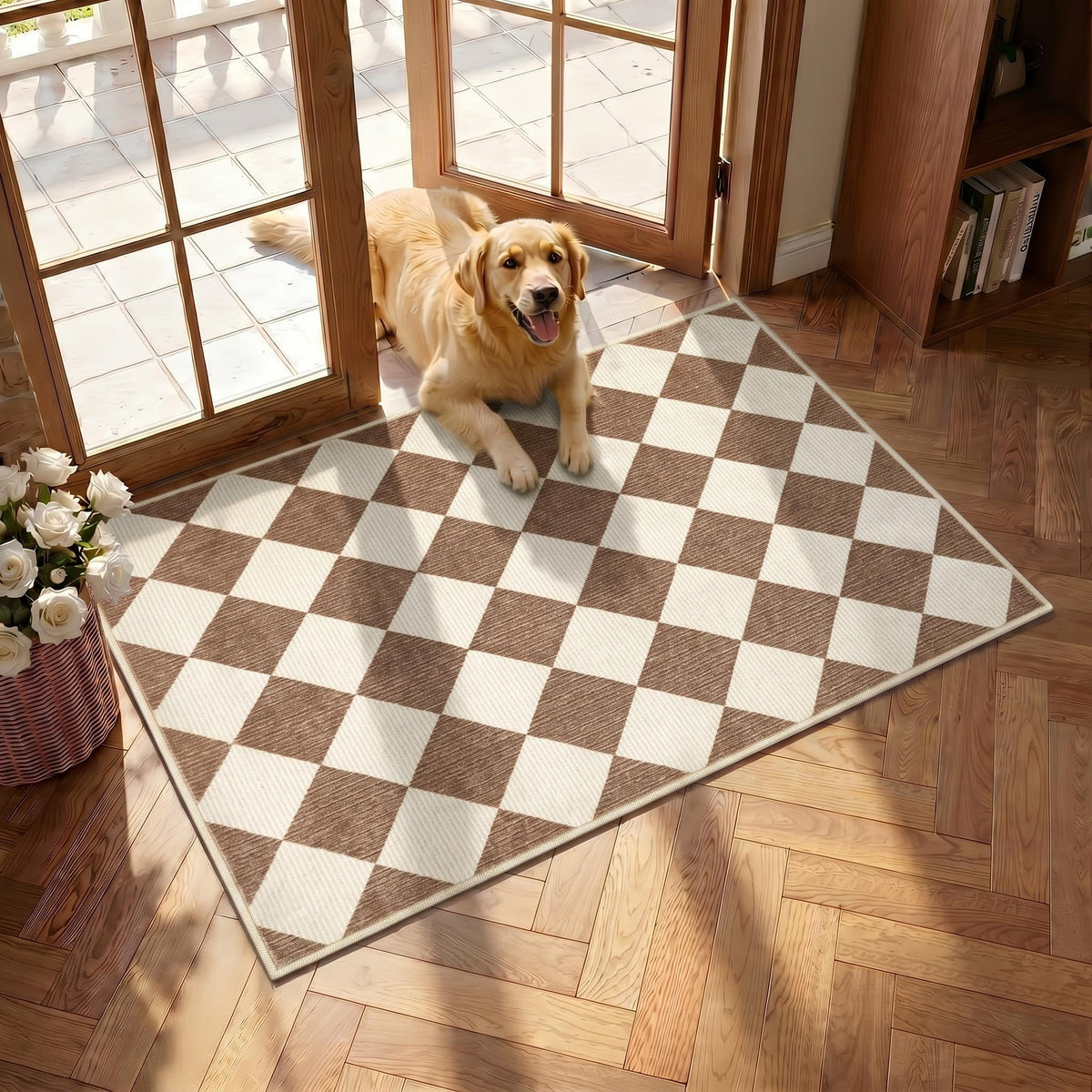 GarveeHome 5x7 Checkered Area Rug Black and Brown Washable Living Room Rug