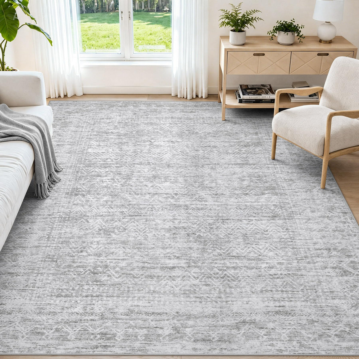 8x10 Area Rugs, Beige Washable Geometric Boho Rug for Living Room, Bedroom