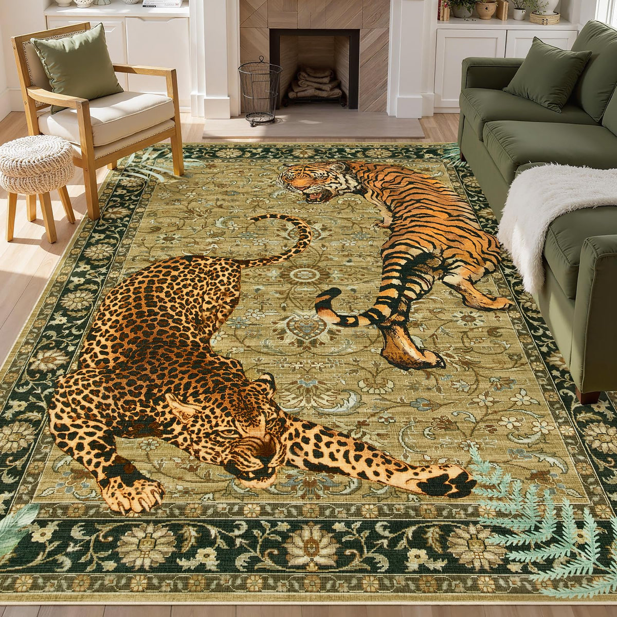 Joydeco Tiger Cheetah Animal Print 5x7 Washable Rug for Living Room Bedroom
