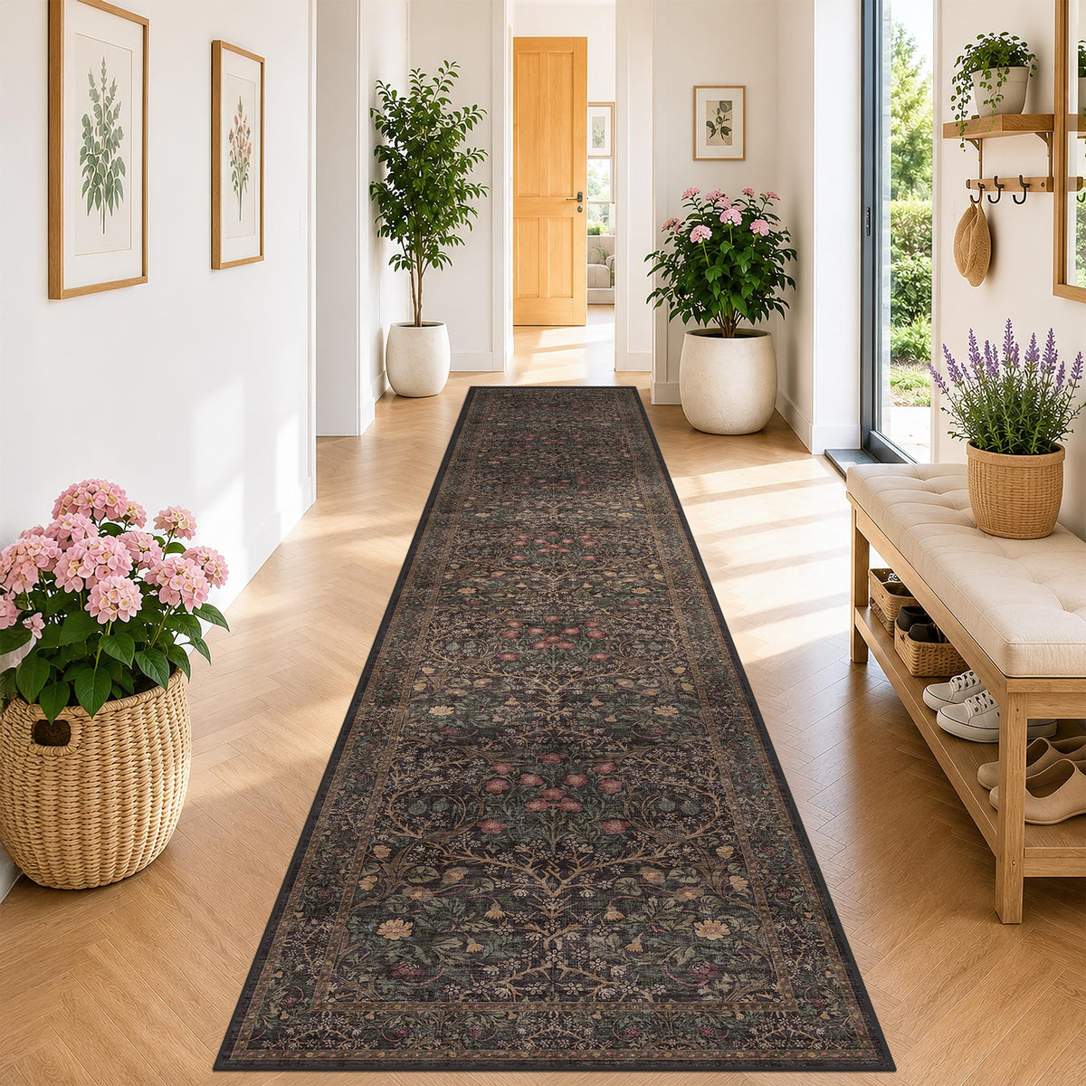 Floral Dark Green Washable Area Rugs 8x10, Vintage Living Room Rug