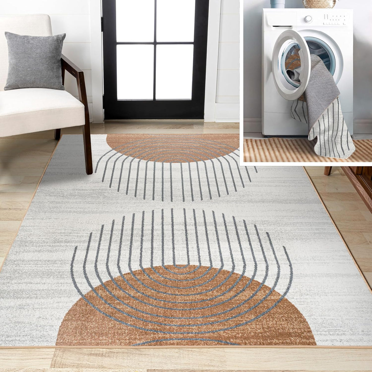 JONATHAN Y Machine Washable Cream/Terra Indoor Area Rug 4X6 ft, Kallax Geometric Modern Low-Pile for Living Room, Bedroom, Kitchen, Office, Easy-Cleaning, Pet-Friendly, Non-Shedding WSH311A-4