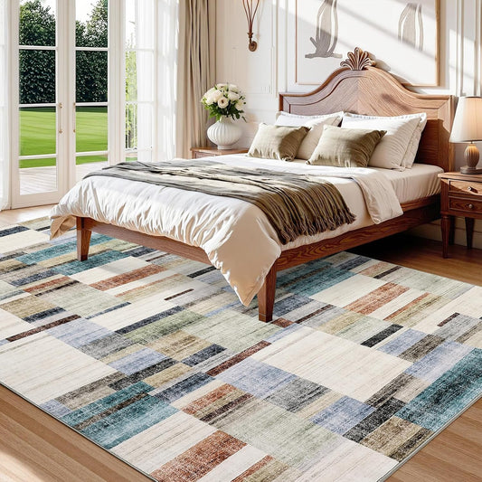 Large Living Room Rugs 8x10 Area Rugs Machine Washable Modern Geometric Neutral Rug Non Slip Low Pile Farmhouse Stain Resistant Carpet for Bedroom Nursery Classroom Dorm 8'x10' Multi