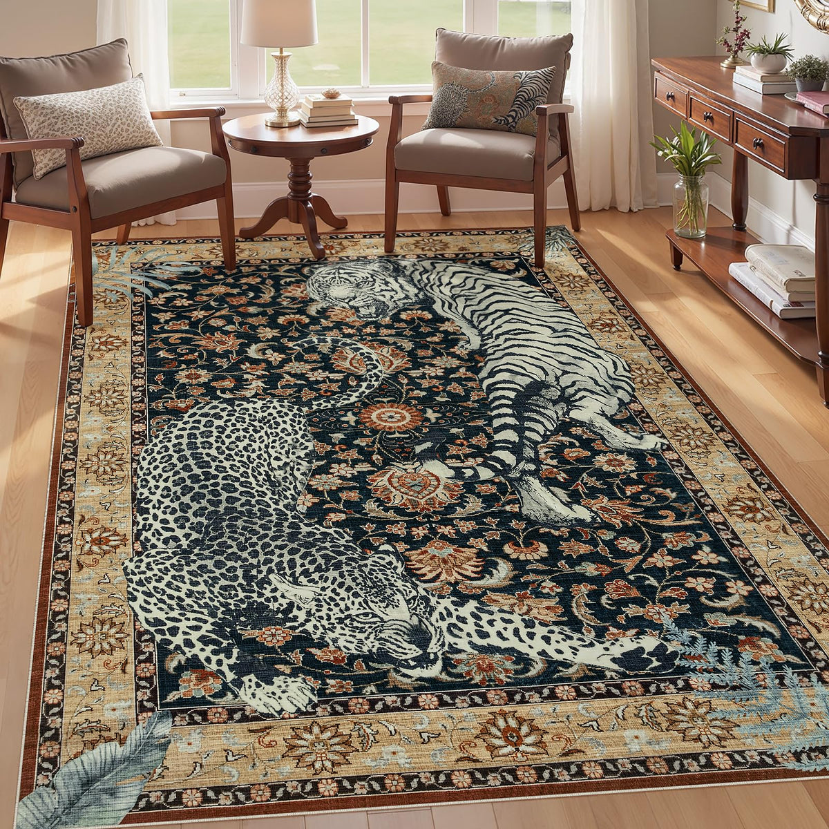 Joydeco Tiger Cheetah Animal Print 5x7 Washable Rug for Living Room Bedroom