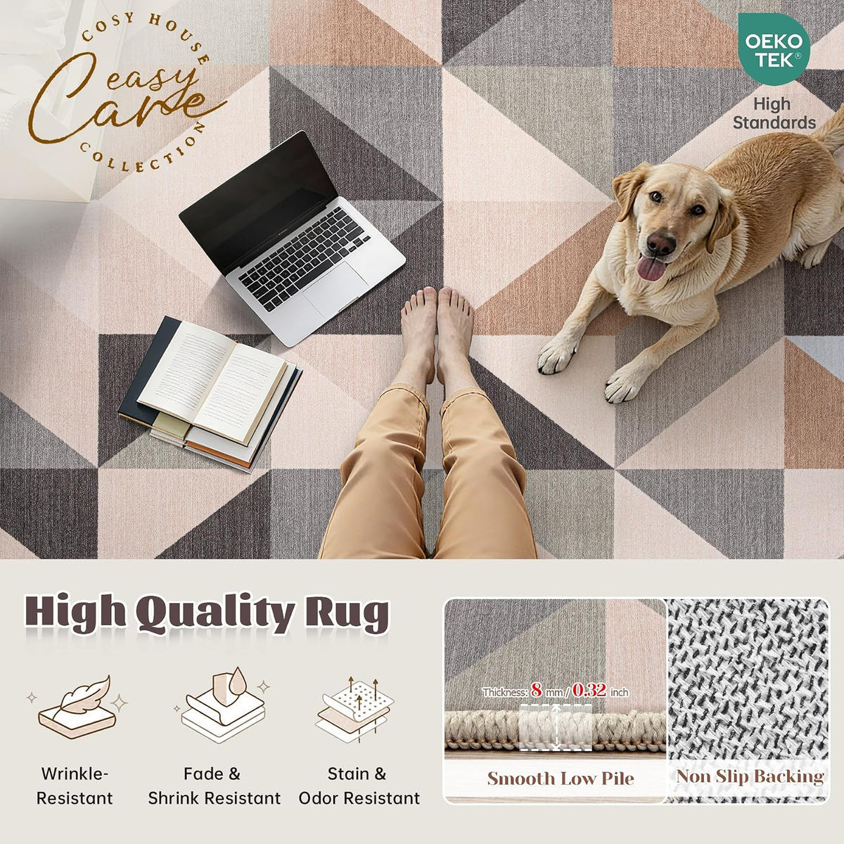 Washable Rug 8x10 Area Rugs: Modern Geometric Area Rug for Living Room Non-Slip Neutral Soft Carpet Low Pile Stain Resistant Indoor Rugs for Bedroom Nursery Dining Room Office (Beige Brown, 8'X10')